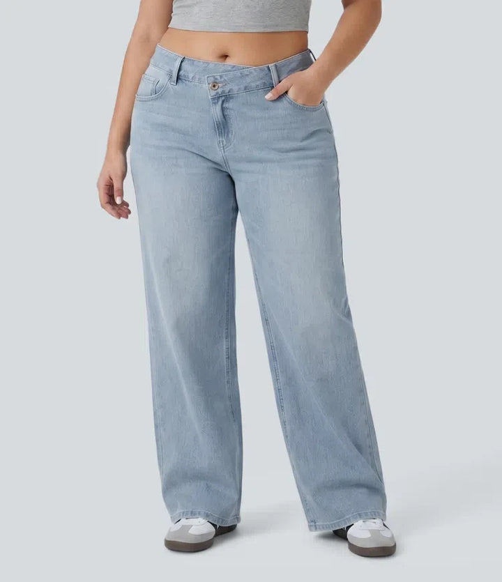 Plus size Milejka Flex asymetryczny z niskim stanem z szeroką nogawką sprany jeansy na co dzień z kieszeniami