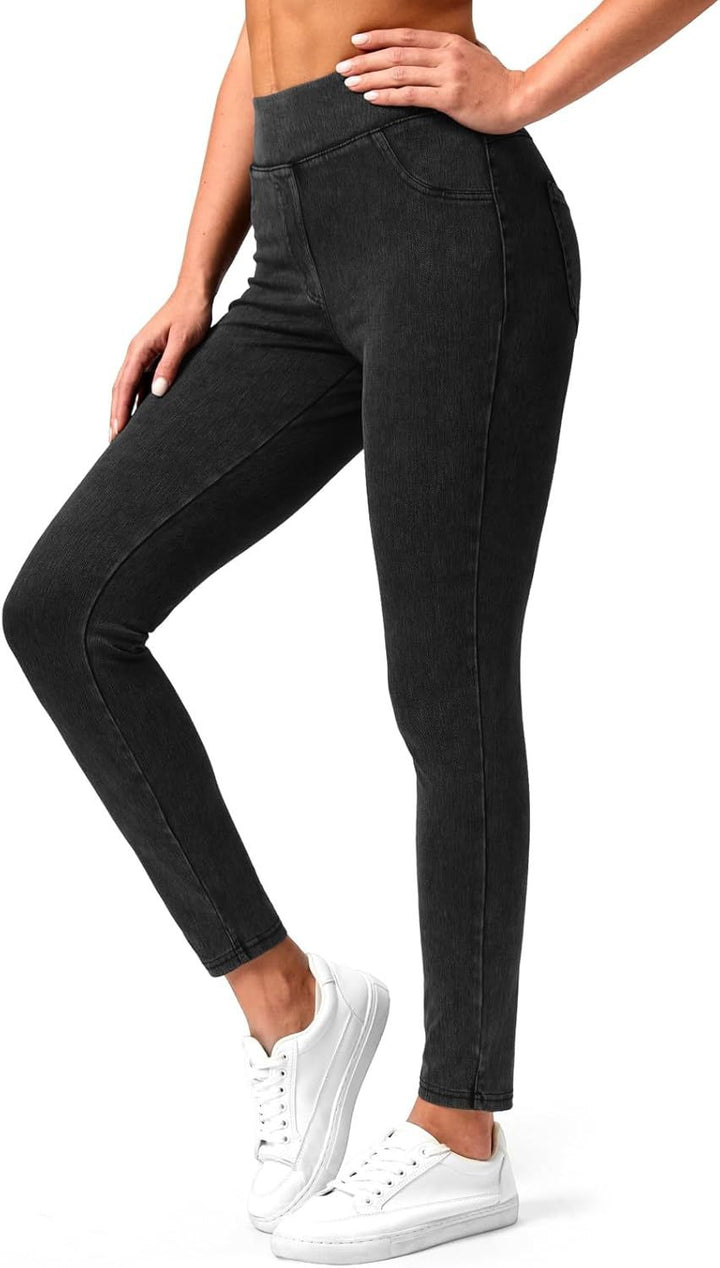 Halara Flex wysokie legginsy w stylu jeansowym (denim), modelujące brzuch, z kieszeniami