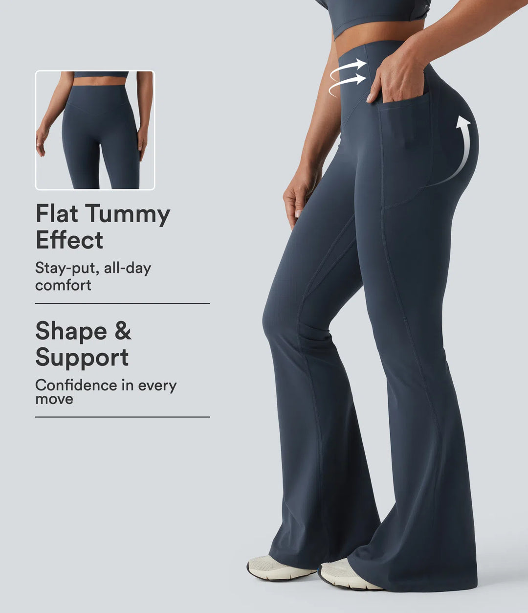 Halara UltraSculpt legginsy do jogi z wysokim stanem, marszczonym tyłem unoszącym pośladki, modelujące brzuch, z rozkloszowanymi nogawkami i kieszeniami