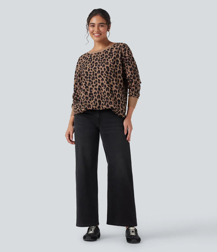 Z okrągłym dekoltem i długim rękawem Leopard waflowy oversize bluza na co dzień z kieszeniami