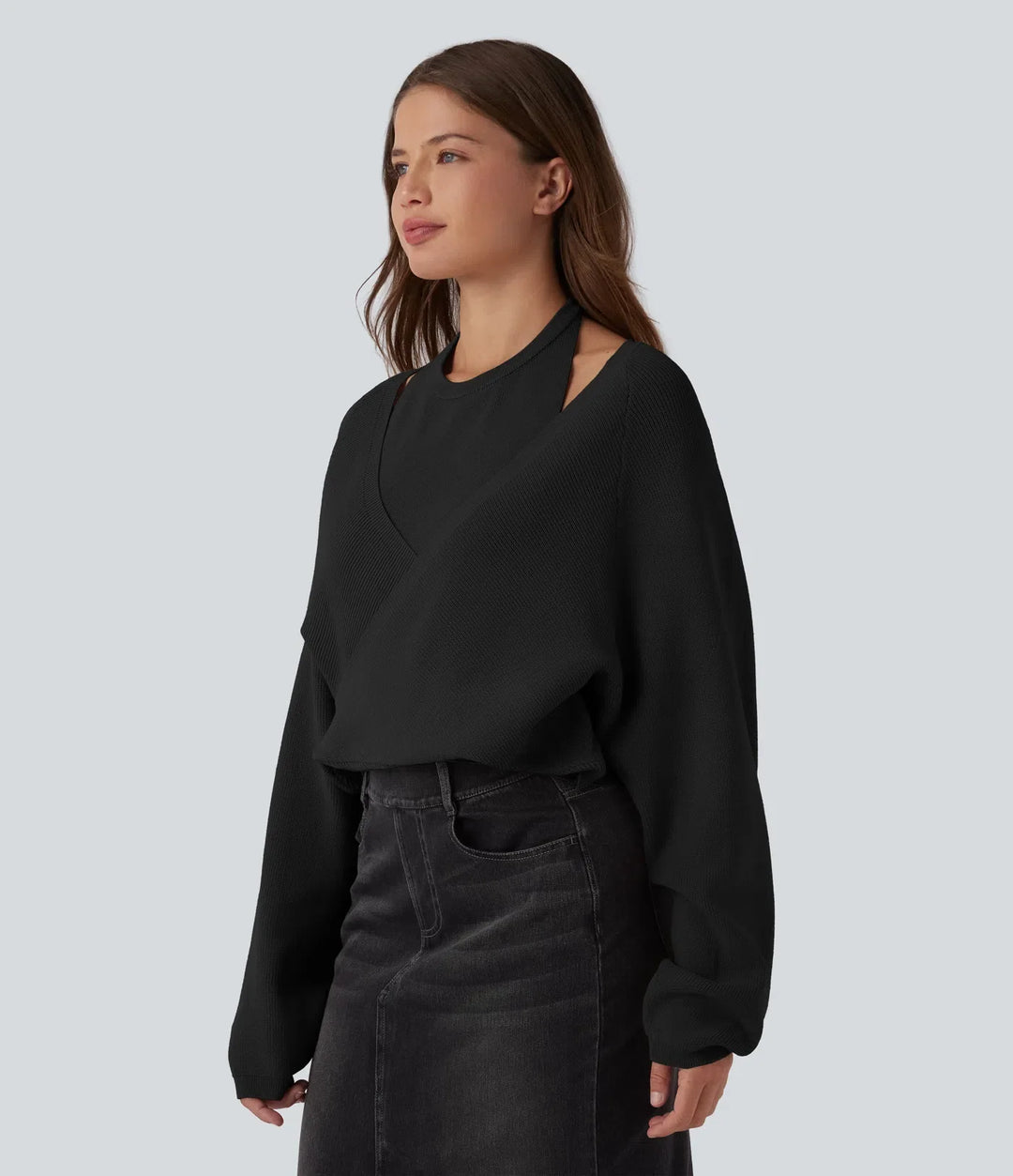 Halter z długim rękawem kopertowy 2-in-1 sweter na co dzień