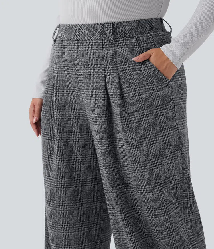 Spodnie plus size z wysokim stanem, szerokimi nogawkami i wzorem pepitki, casualowe, z kieszeniami