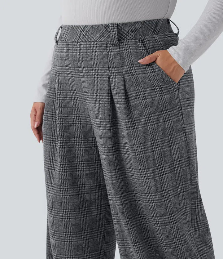 Spodnie plus size z wysokim stanem, szerokimi nogawkami i wzorem pepitki, casualowe, z kieszeniami