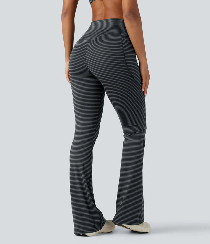 Z wysokim stanem modelujące brzuch w paski joga bootcut legginsy z kieszeniami