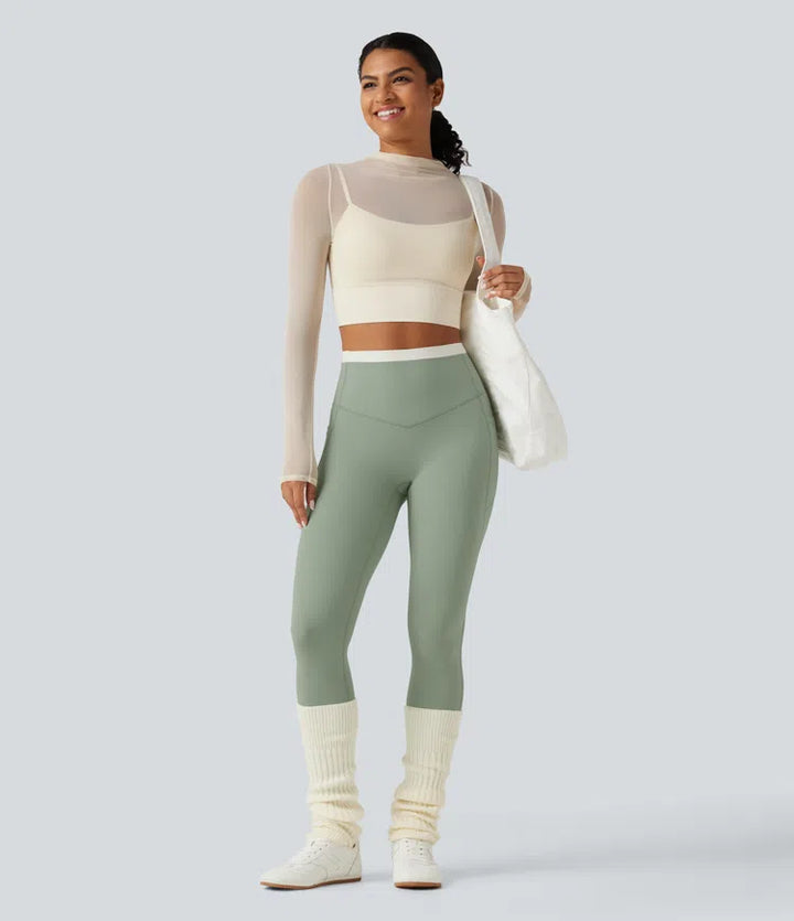 Halara UltraSculpt dopasowane legginsy do jogi z wysokim stanem, efektem modelującym brzuch, w designie color block i kieszeniami.