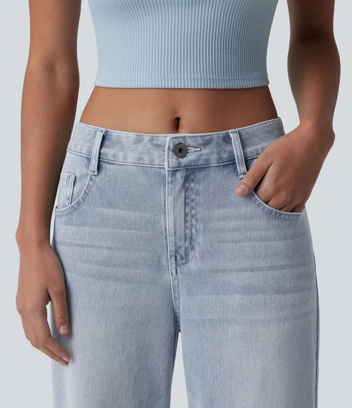 Halara Flex casual dżinsy z kieszeniami — średni stan, prane, luźne z szerokimi nogawkami