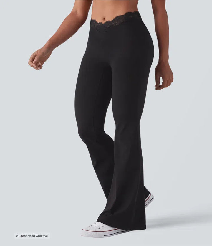 Halara UltraSculpt legginsy do jogi w kształcie litery V, z wysokim stanem, rozkloszowane, z kontrastową koronką i kieszeniami