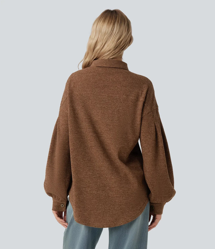 Z długim rękawem z zaokrąglonym dołem dzianinowy waflowy kurtka na co dzień z kieszeniami