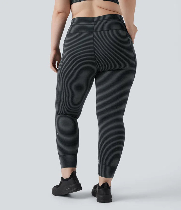Legginsy do jogi w paski z wysokim stanem, wiązaniem na sznurek i kieszeniami — rozmiar plus