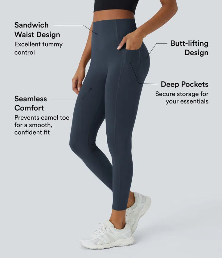 Halara UltraSculpt legginsy treningowe modelujące z wysokim stanem — efekt marszczenia podnoszący pośladki, modelowanie i kontrola brzucha, z kieszenią