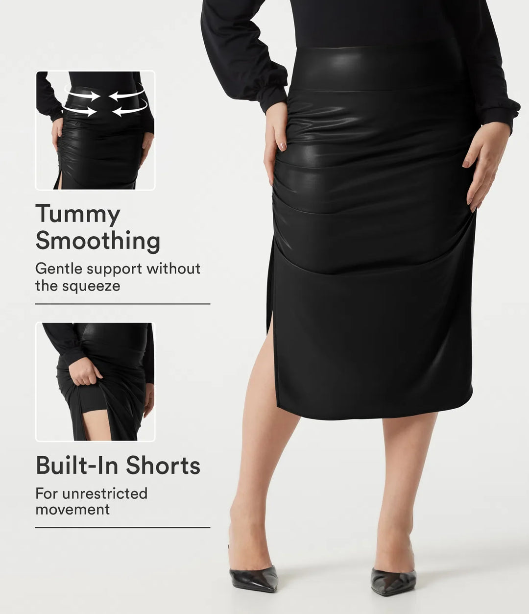 Plus size z wysokim stanem modelujące brzuch marszczony z zaokrąglonym dołem 2-in-1 polarowy PU skórzany midi na co dzień spódnica