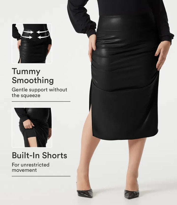 Plus size z wysokim stanem modelujące brzuch marszczony z zaokrąglonym dołem 2-in-1 polarowy PU skórzany midi na co dzień spódnica