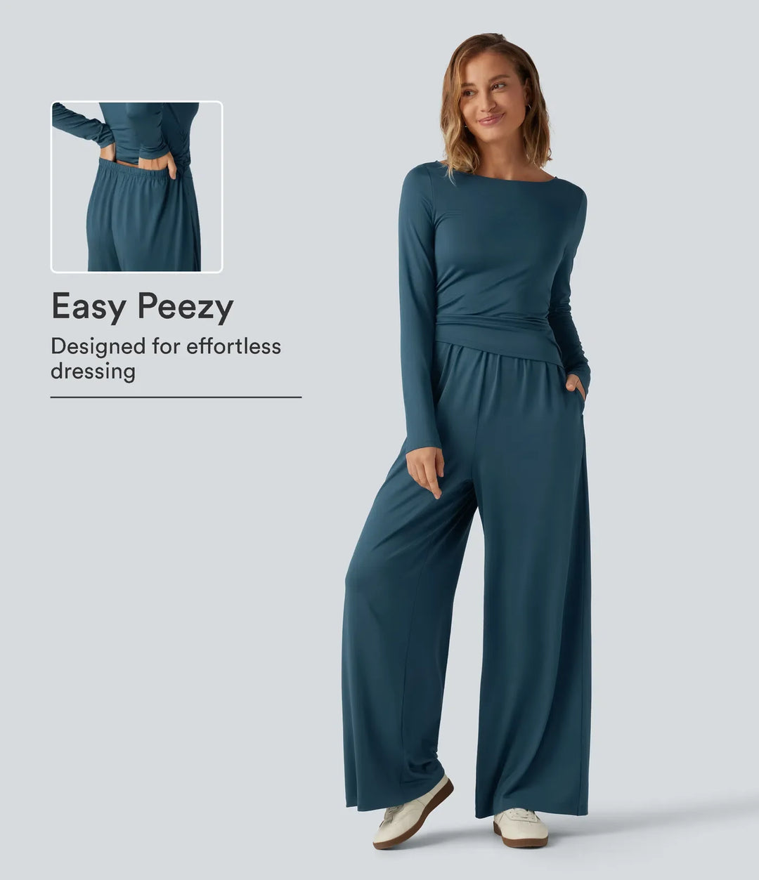 Z dekoltem łódka z długim rękawem z szeroką nogawką marszczony kombinezon na co dzień z kieszeniami – edycja Easy Peezy