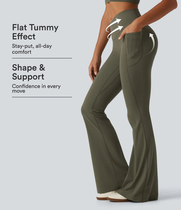 Halara UltraSculpt legginsy z wysokim stanem, z krzyżowanym pasem, marszczonym tyłem podnoszącym pośladki, modelujące i kontrolujące brzuch, z rozszerzanymi nogawkami do jogi, z kieszeniami