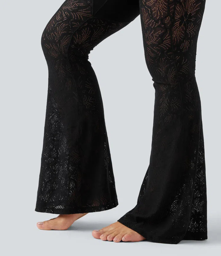 Halara UltraSculpt legginsy do jogi z wysokim stanem, modelujące brzuch, z kontrastową koronką, rozkloszowane, z kieszenią