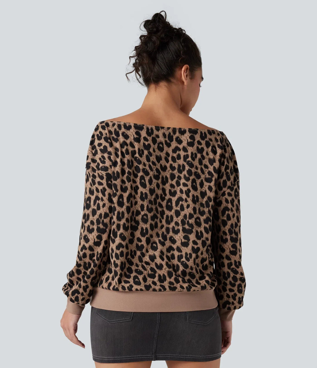 Na jedno ramię z długim rękawem waflowy Leopard bluza na co dzień z kieszeniami