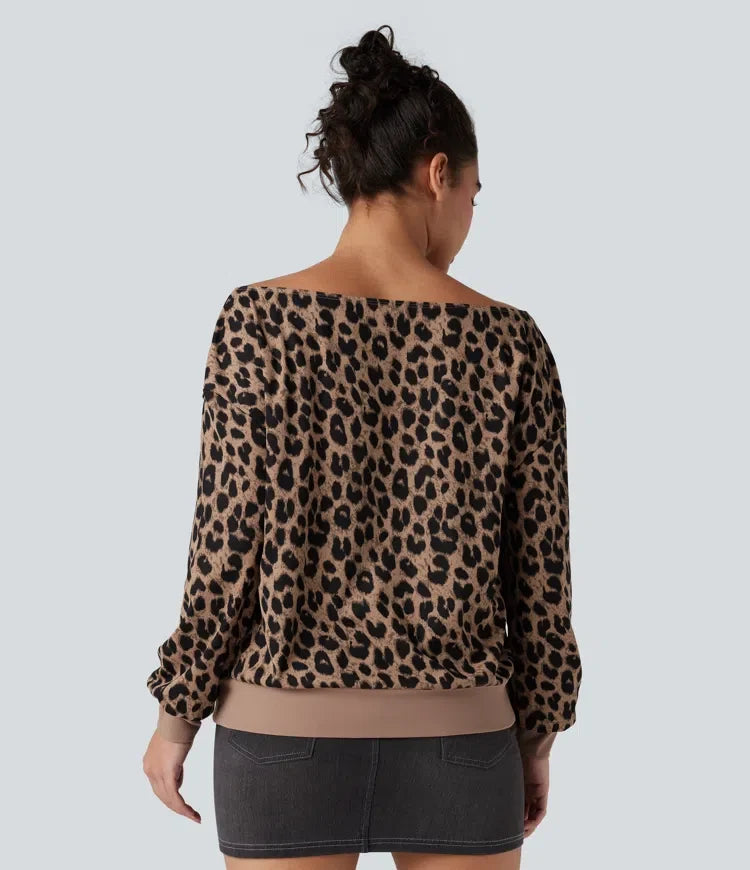 Na jedno ramię z długim rękawem waflowy Leopard bluza na co dzień z kieszeniami