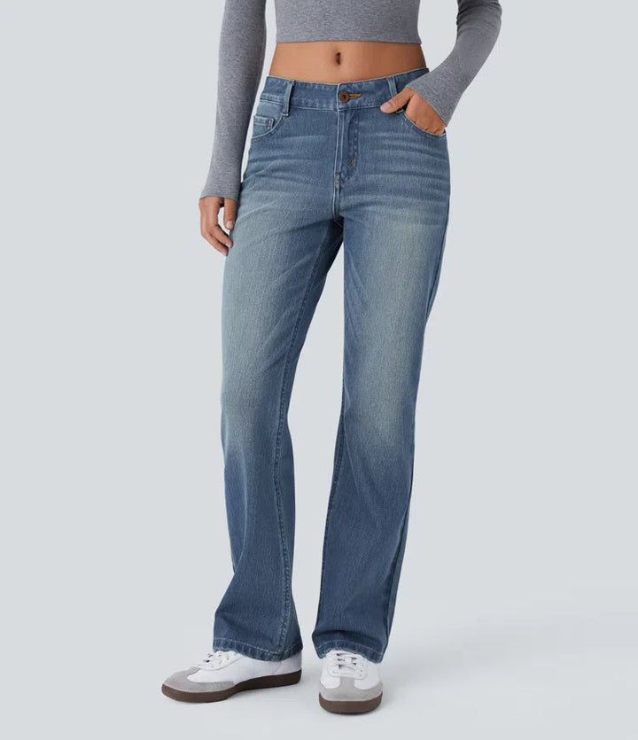 Halara Flex niskie, prane casualowe dżinsy bootcut z kieszeniami na zamek