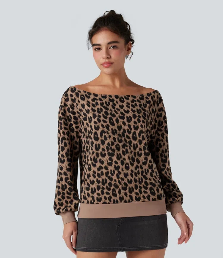 Na jedno ramię z długim rękawem waflowy Leopard bluza na co dzień z kieszeniami