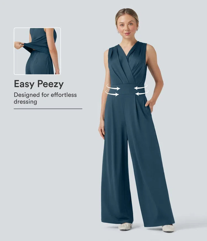 Z dekoltem V bez rękawów plisowany krzyżowany modelujące brzuch kombinezon na co dzień z kieszeniami – Easy Peezy