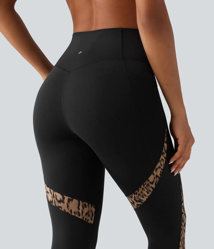 Z wysokim stanem skinny kontrastowa siateczka w panterkę kolor block legginsy do jogi z kieszeniami