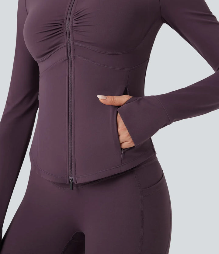 Milejka UltraSculpt z półgolfem marszczony push-up z długim rękawem z otworem na kciuk joga kurtka z kieszeniami