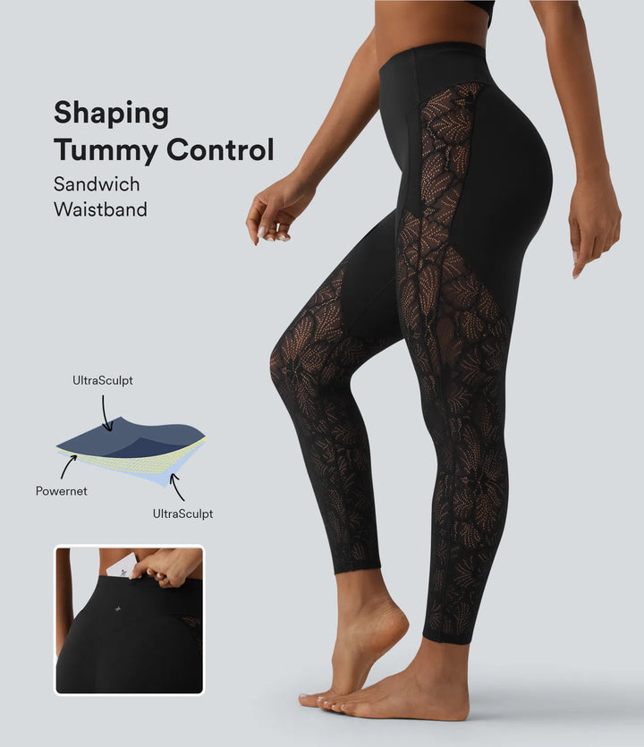 Halara UltraSculpt legginsy do jogi 7/8 z wysokim stanem, modelującym efektem na brzuch, kontrastową koronką i kieszenią