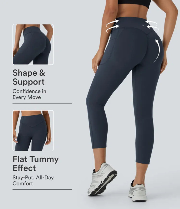 Halara UltraSculpt capri legginsy treningowe z wysokim stanem, marszczonym tyłem unoszącym pośladki, modelujące brzuch, z kieszenią