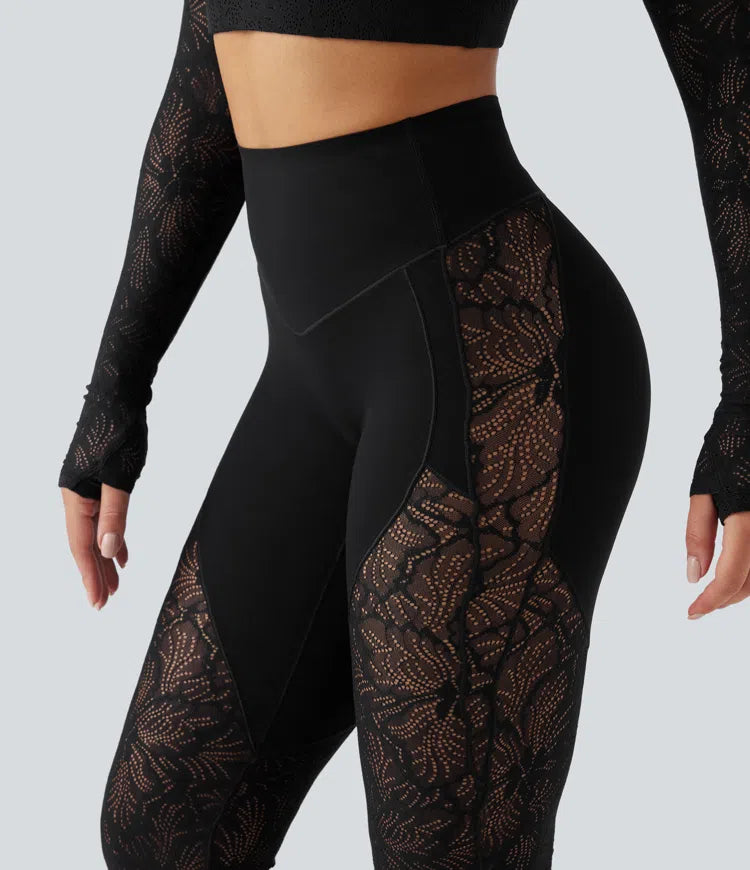 Halara UltraSculpt legginsy do jogi z wysokim stanem, modelujące brzuch, z kontrastową koronką, rozkloszowane, z kieszenią