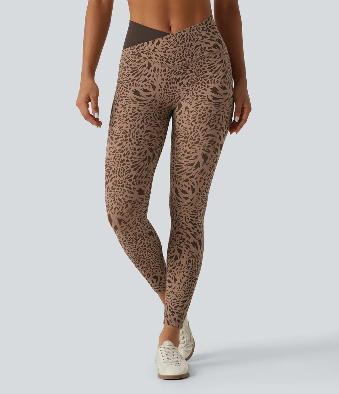 Milejka UltraSculpt w panterkę z wysokim stanem krzyżowany skinny legginsy do jogi z kieszeniami