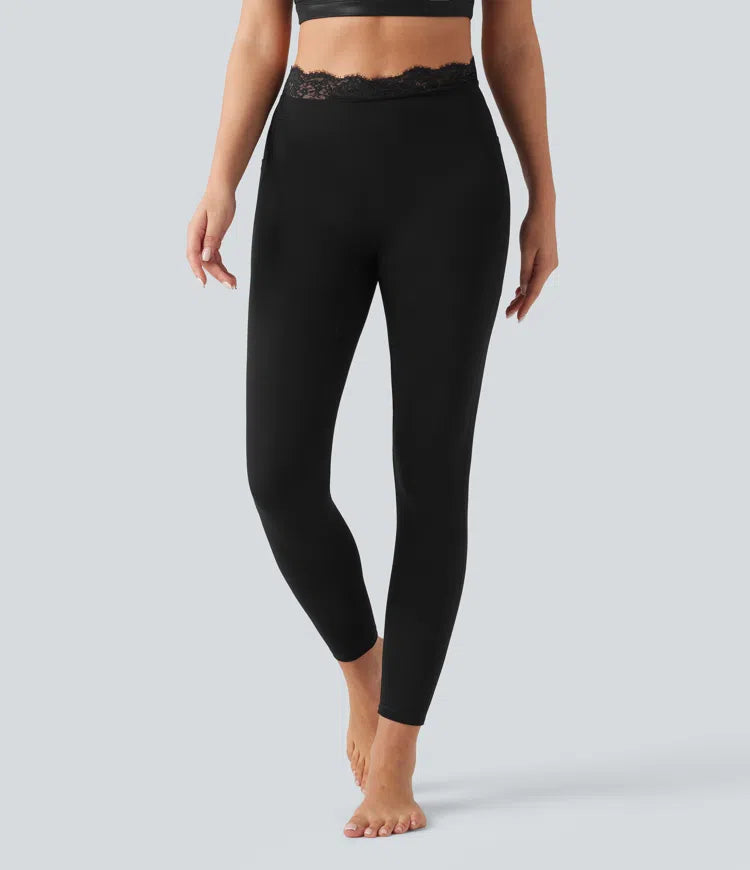 Halara UltraSculpt legginsy do jogi w kształcie litery V z wysokim stanem, kontrastową koronką i kieszeniami