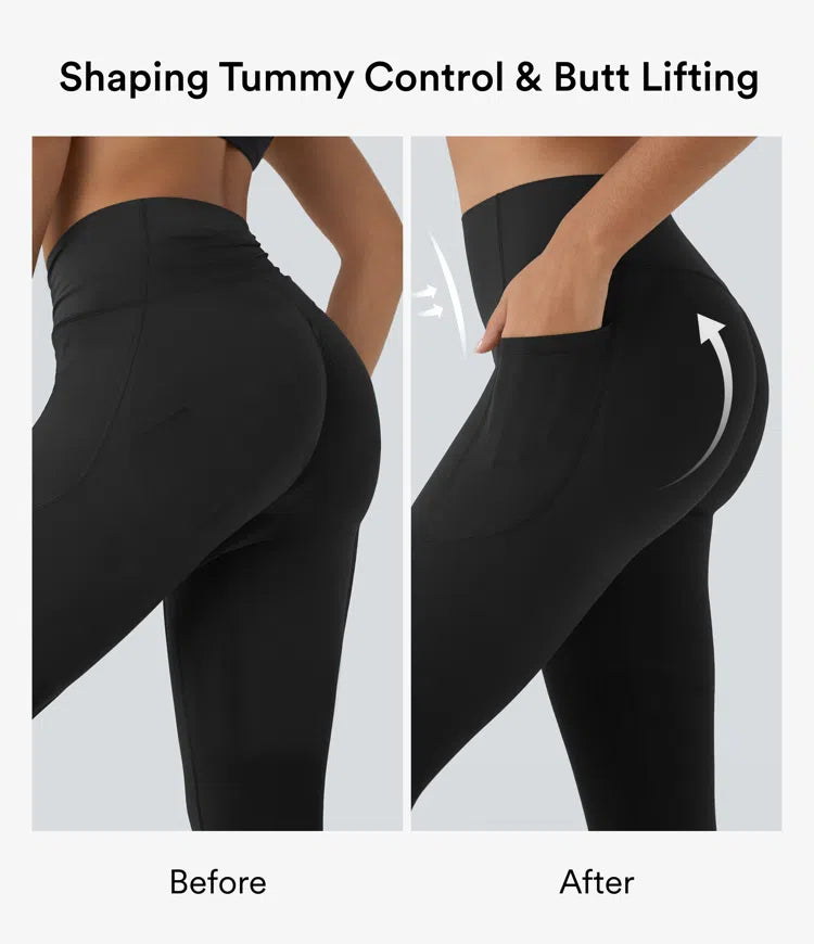 Halara UltraSculpt capri legginsy treningowe z wysokim stanem, marszczonym tyłem unoszącym pośladki, modelujące brzuch, z kieszenią