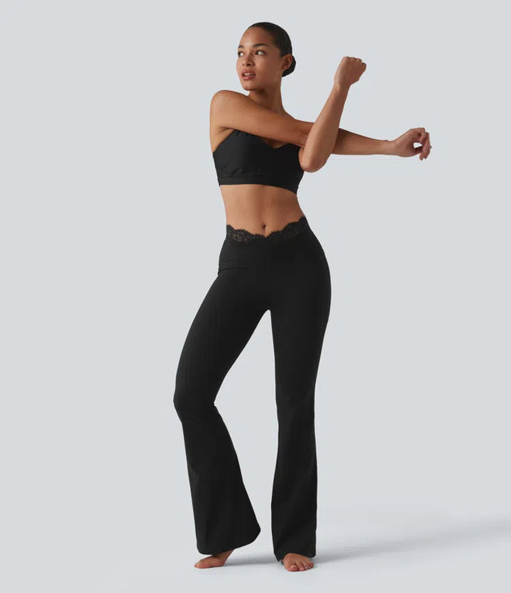 Halara UltraSculpt legginsy do jogi w kształcie litery V, z wysokim stanem, rozkloszowane, z kontrastową koronką i kieszeniami