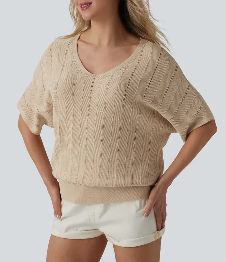 Sweter na co dzień z dekoltem w serek i krótkim rękawem