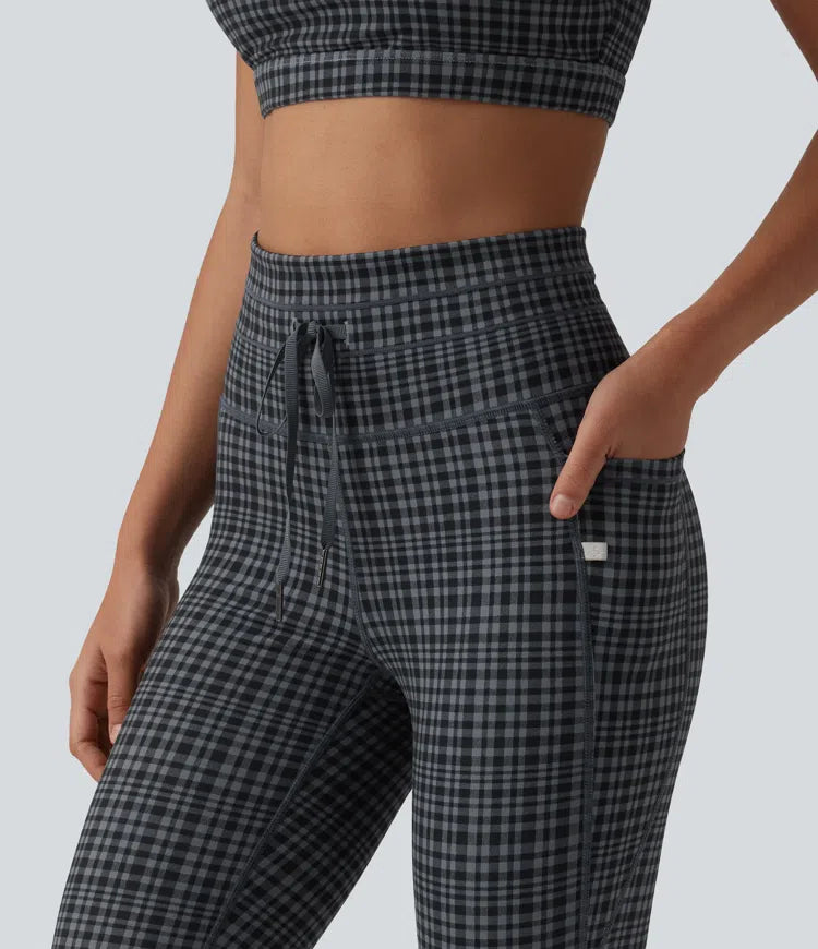 Halara UltraSculpt legginsy do jogi z wysokim stanem, w kratkę, ze sznurkiem ściągającym i kieszeniami