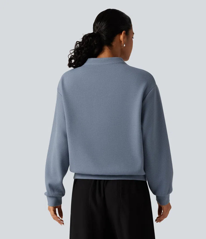 Bluza w stylu casual z dekoltem w serek, długimi rękawami i waflową fakturą