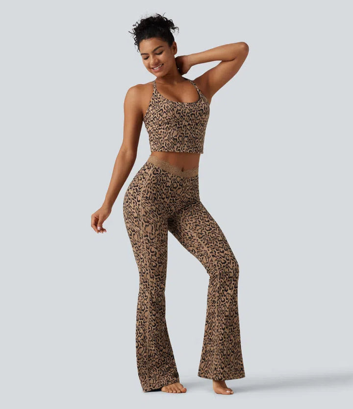Halara UltraSculpt legginsy do jogi z kieszeniami, rozkloszowane, w panterkę, z wysokim stanem w kształcie V i kontrastową koronką