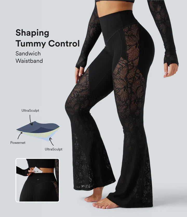 Halara UltraSculpt legginsy do jogi z wysokim stanem, modelujące brzuch, z kontrastową koronką, rozkloszowane, z kieszenią