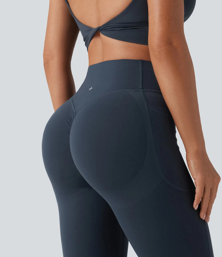 Halara UltraSculpt legginsy do jogi z wysokim stanem, marszczonym tyłem unoszącym pośladki, modelujące brzuch, z rozkloszowanymi nogawkami i kieszeniami