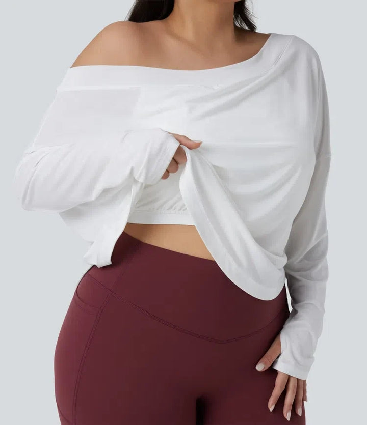 Na jedno ramię z długim rękawem z otworem na kciuk z zaokrąglonym dołem High Low szybkoschnący joga plus size top sportowy-z wbudowanym biustonoszem