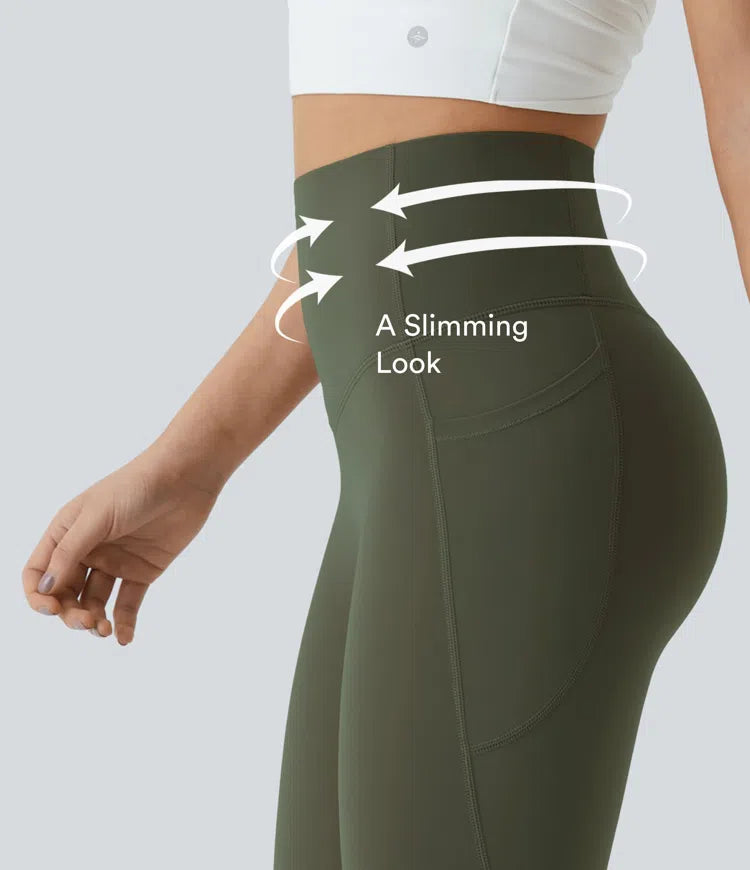 Halara UltraSculpt legginsy do jogi bootcut z wysokim stanem, marszczeniem podnoszącym pośladki, modelowaniem brzucha, modelujące sylwetkę, z kieszeniami.