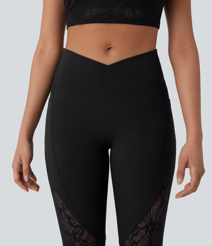 SoftlyZero legginsy do jogi 7/8 z wysokim stanem, przekładaną kieszenią i kontrastową koronką