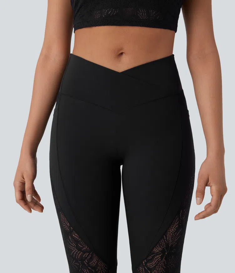 SoftlyZero legginsy do jogi 7/8 z wysokim stanem, przekładaną kieszenią i kontrastową koronką