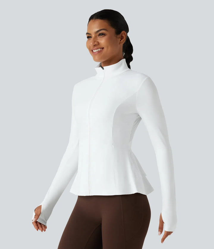 SoftlyZero Airy ze stójką i długim rękawem z otworem na kciuk Eyelet z falbankowym dołem InstantCool joga kurtka z kieszeniami-UPF50+