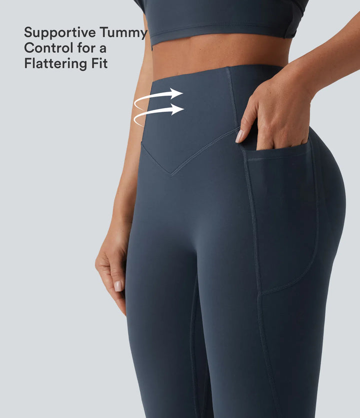 Halara UltraSculpt legginsy do jogi z wysokim stanem, marszczonym tyłem unoszącym pośladki, modelujące brzuch, z rozkloszowanymi nogawkami i kieszeniami