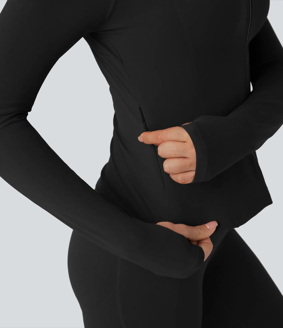 Milejka UltraSculpt ze stójką i długim rękawem z otworem na kciuk joga Curvy kurtka z kieszeniami
