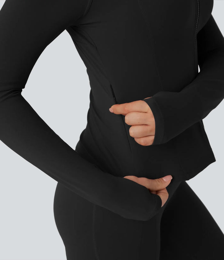 Milejka UltraSculpt ze stójką i długim rękawem z otworem na kciuk joga Curvy kurtka z kieszeniami