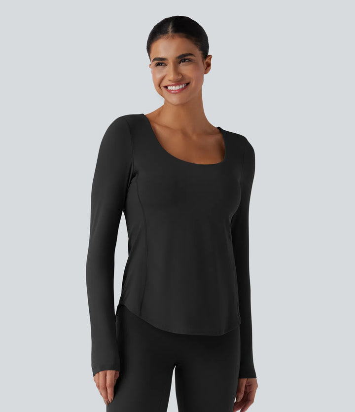 Halara UltraSculpt sportowy top treningowy z krzyżowanymi, odkrytymi plecami, długim rękawem i zaokrąglonym dołem