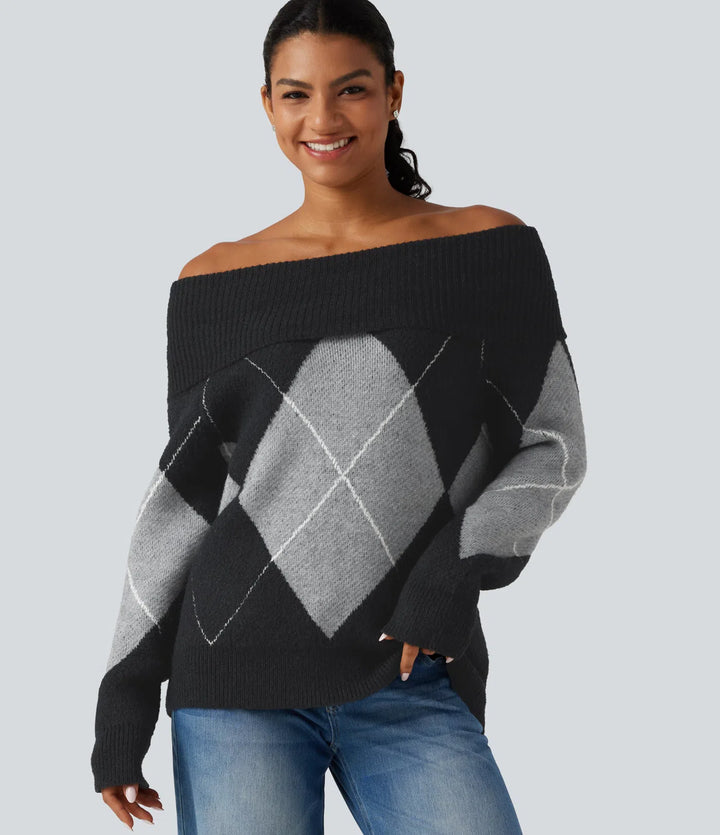 Casualowy sweter w kratkę z odkrytymi ramionami i długimi rękawami
