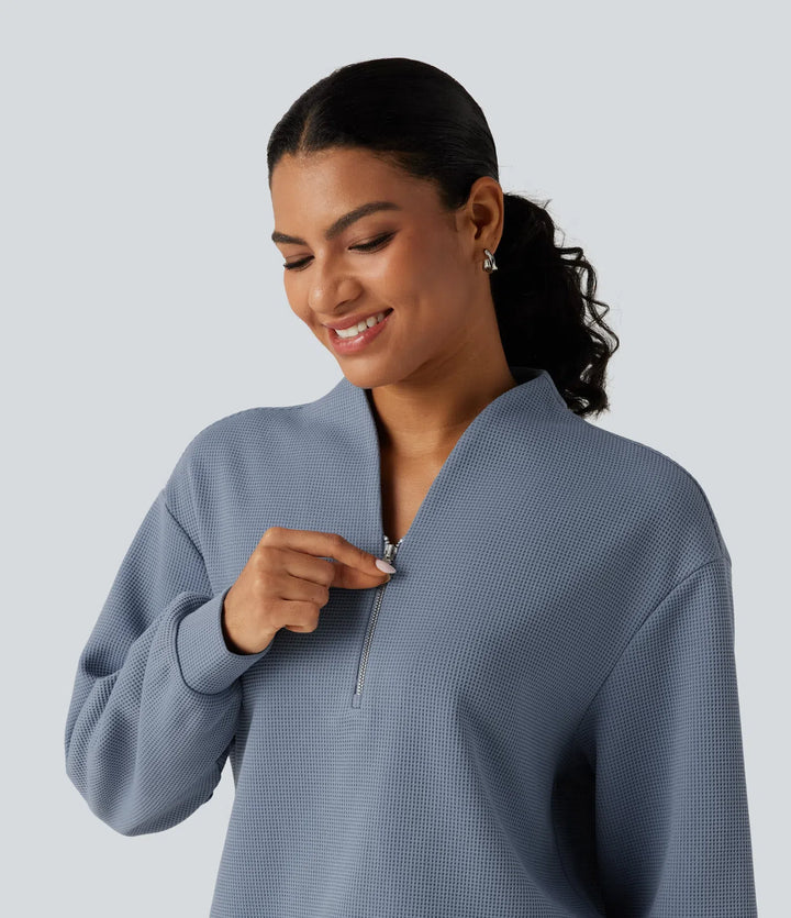 Bluza w stylu casual z dekoltem w serek, długimi rękawami i waflową fakturą